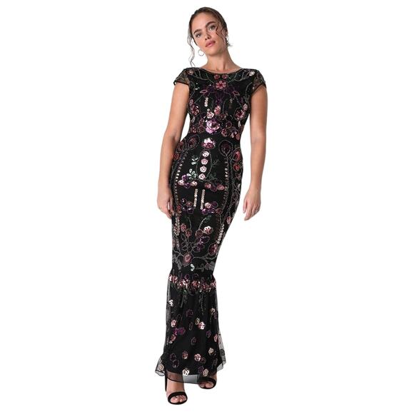 Lulus Black Era of Opulence Burgundy Sequin Cap Sleeve Maxi Dress Size Small - Picture 1 of 13